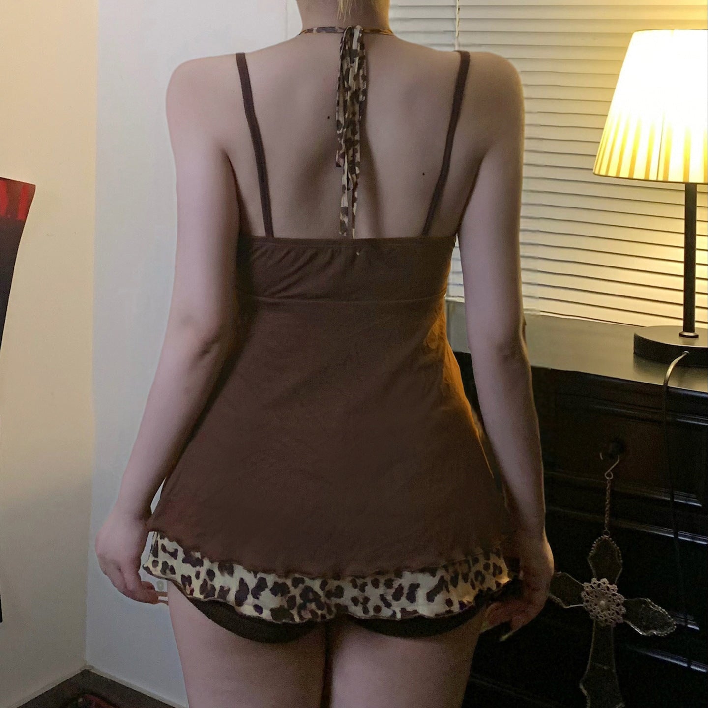 Sense Leopard Splicing Sling Niche Beaded Halter Tied Top