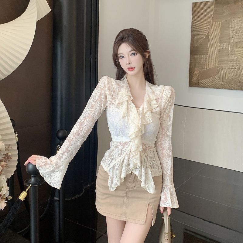 V-neck Flounce Hollow-out Lace Shirt Women's Flared Long-sleeved T-shirt