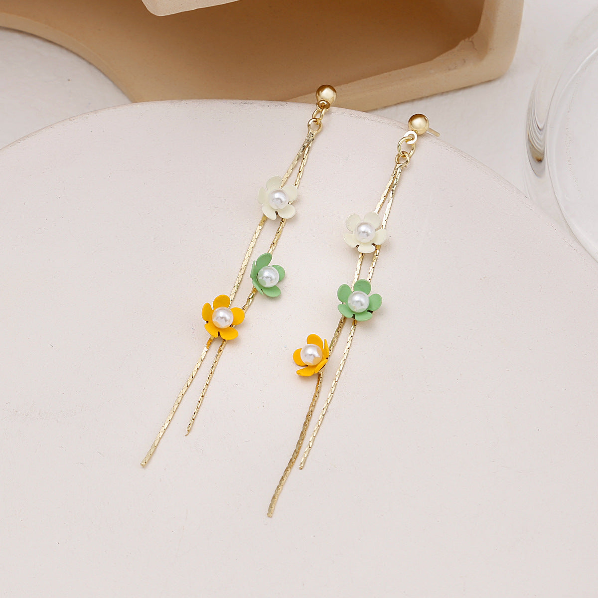 Korean Style Small h Color Pearl Flower Line Earrings Women