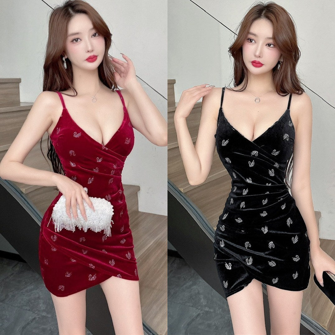 Women's Fashion Suspenders Cross Gold Velvet Printed Short Hip-hugger Base Strap Dress