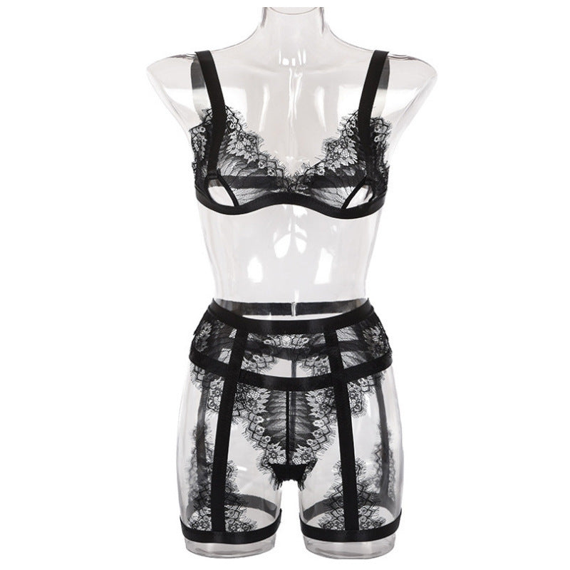 Lace Eyelash Stitching Lingerie Three-piece Set