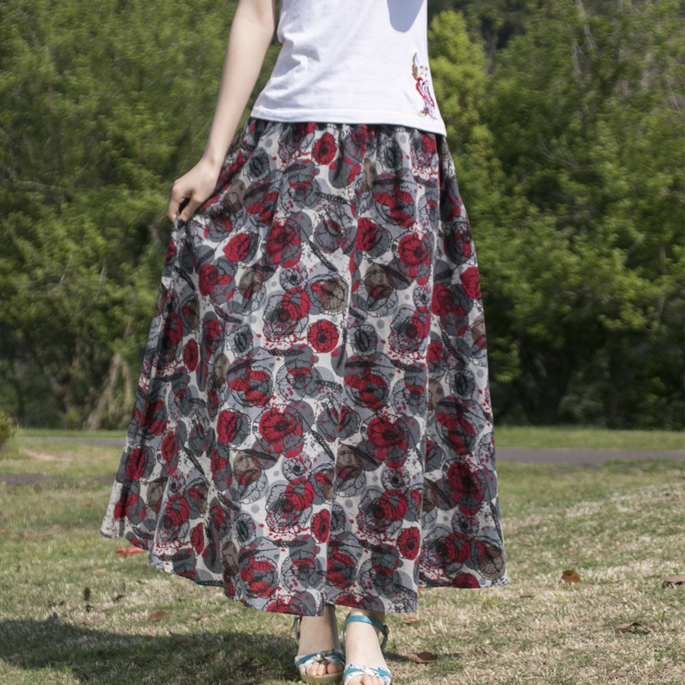 Women's Ethnic Style Cotton And Linen Half-length Elastic Waist Large Swing Skirt A- Line Skirt