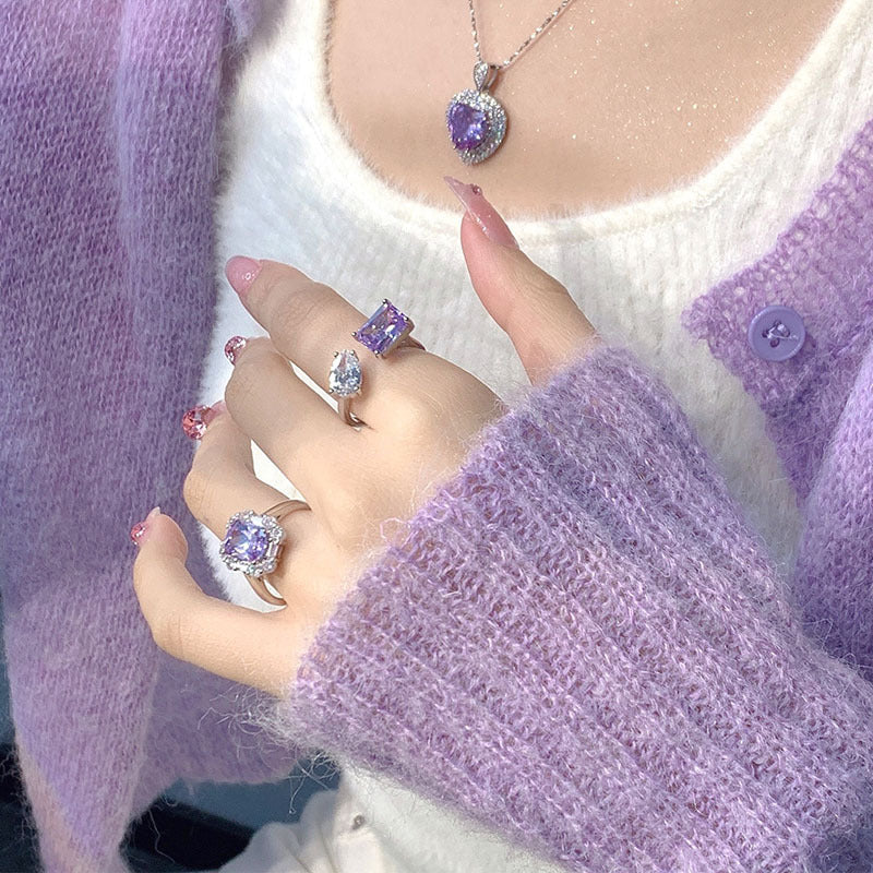 Cold Style Romantic Gentle Purple Shining Diamond Zircon Ring For Women