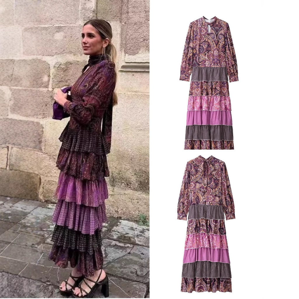 Women's Clothing Stitching Printing Pullover Stand Collar Long Dress
