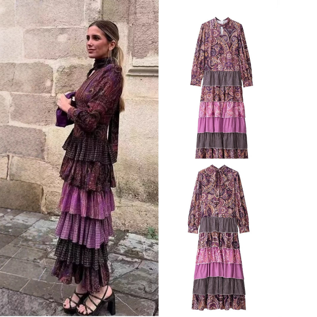 Women's Clothing Stitching Printing Pullover Stand Collar Long Dress