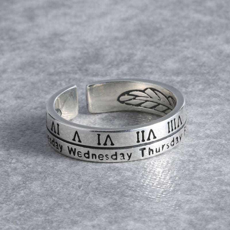Old Antique Ring Vintage Thai Silver Roman Numeral Week Female Ring
