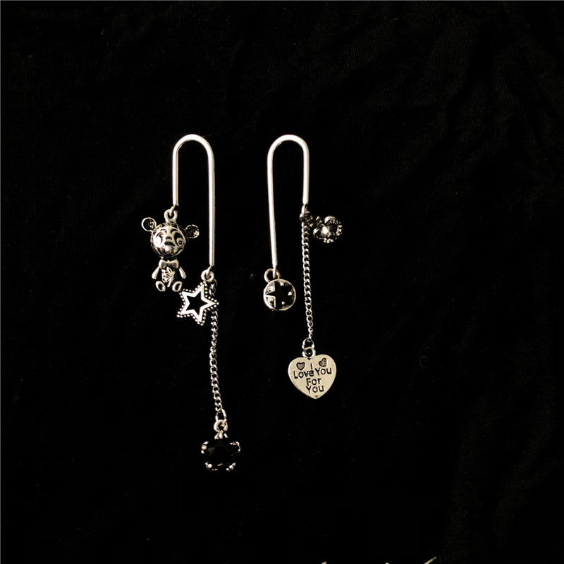 Old Vintage Style Dark Bunny Asymmetric Earrings