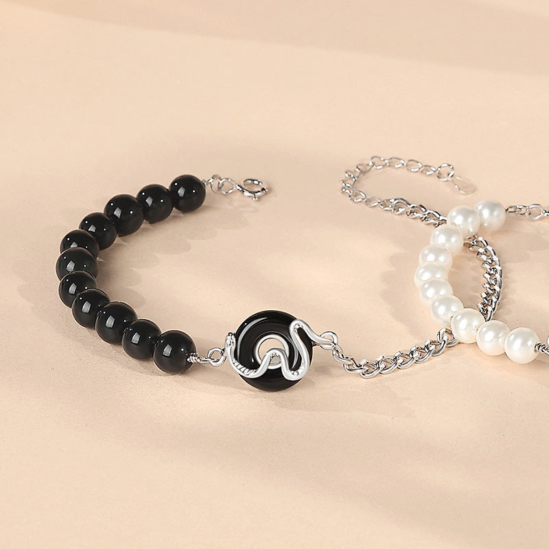 925 Sterling Silver New Chinese Obsidian Pearl Bracelet Safe Buckle Love Old Bracelet