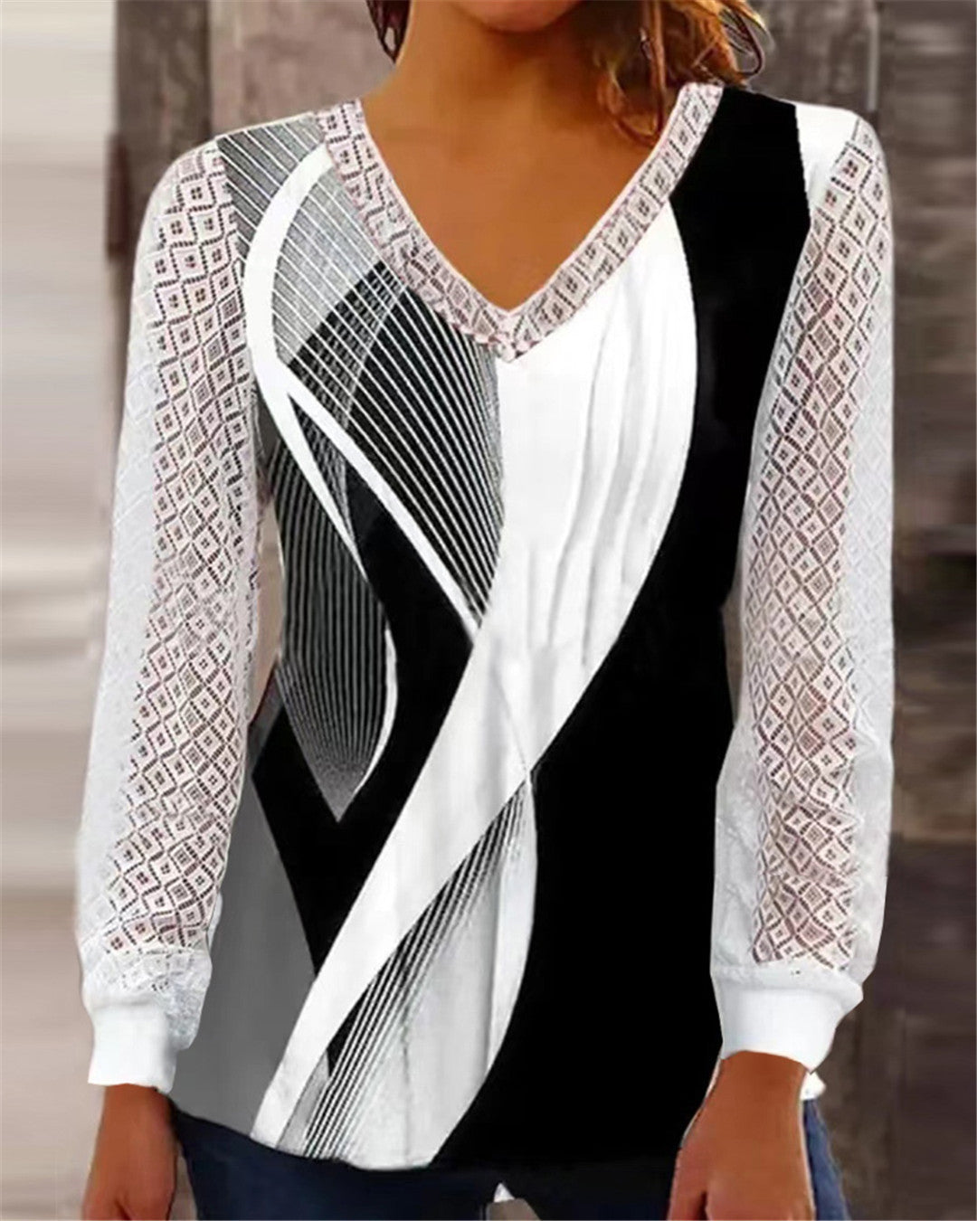 V-neck Loose Print Hollow-out Lace Tops