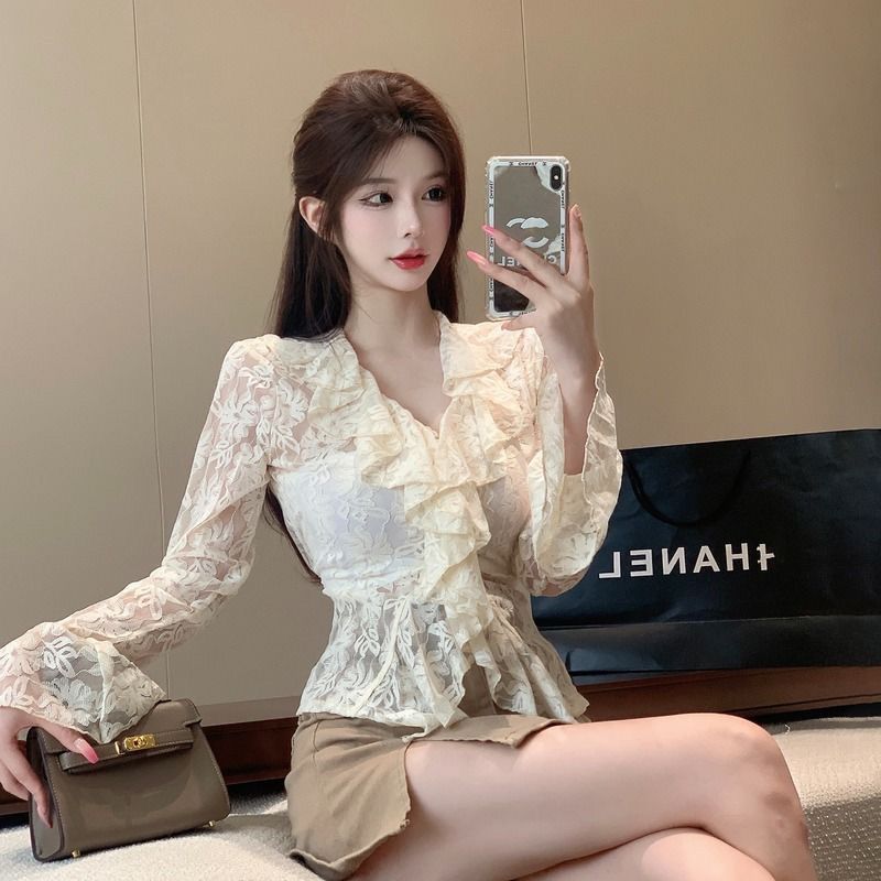 V-neck Flounce Hollow-out Lace Shirt Women's Flared Long-sleeved T-shirt