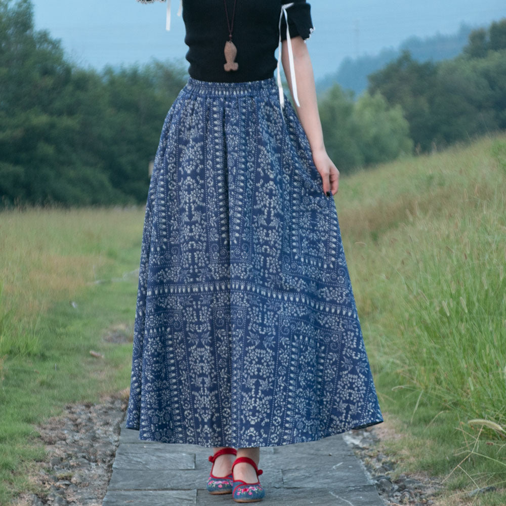 Women's Ethnic Style Cotton And Linen Half-length Elastic Waist Large Swing Skirt A- Line Skirt