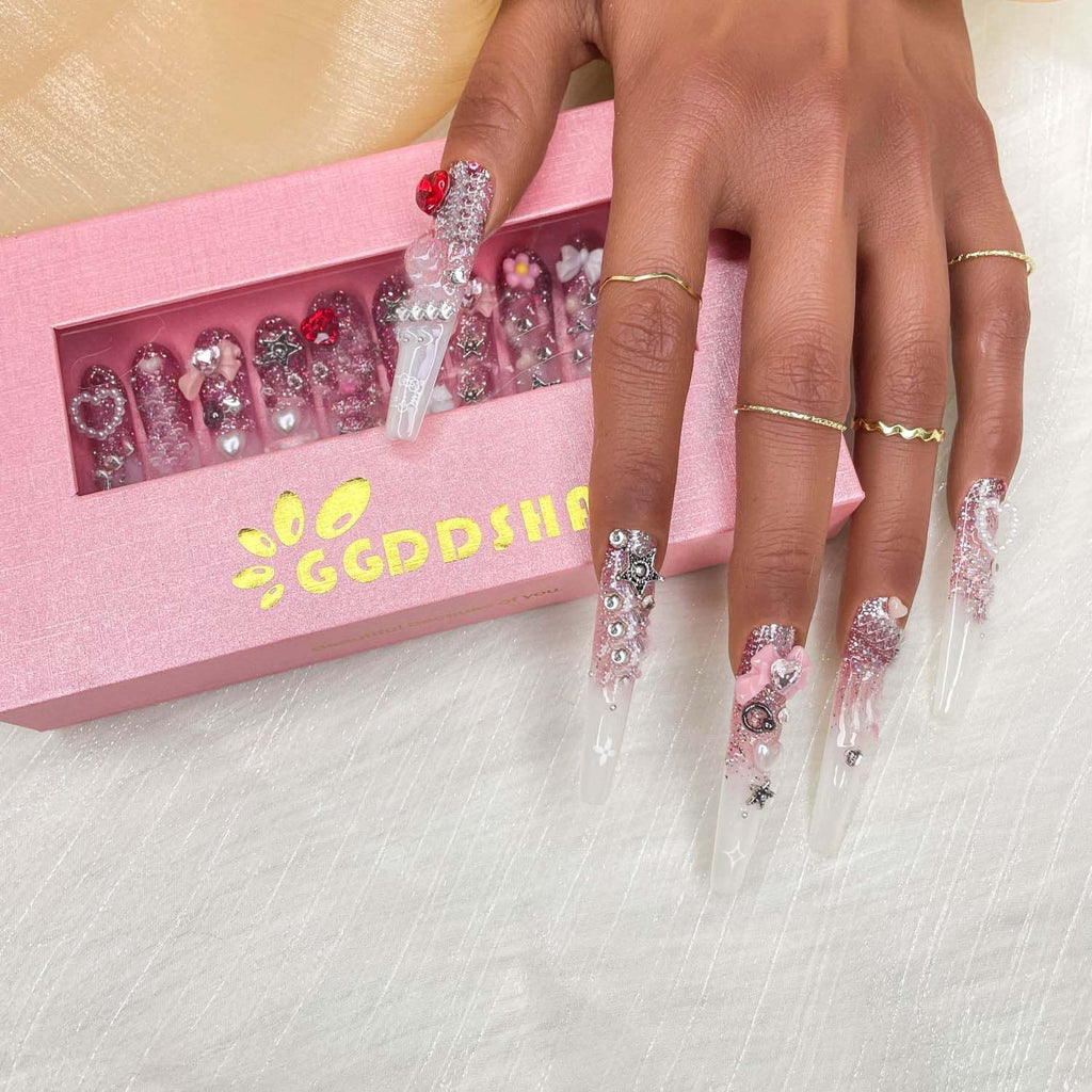 Gddsha 2025 10PCS Long Novel Design And Reusable Handmade Nails 10PCS Pmma Acrylic Nails Press OnNails Kit With Box Gifts For Women,Pink Mirage