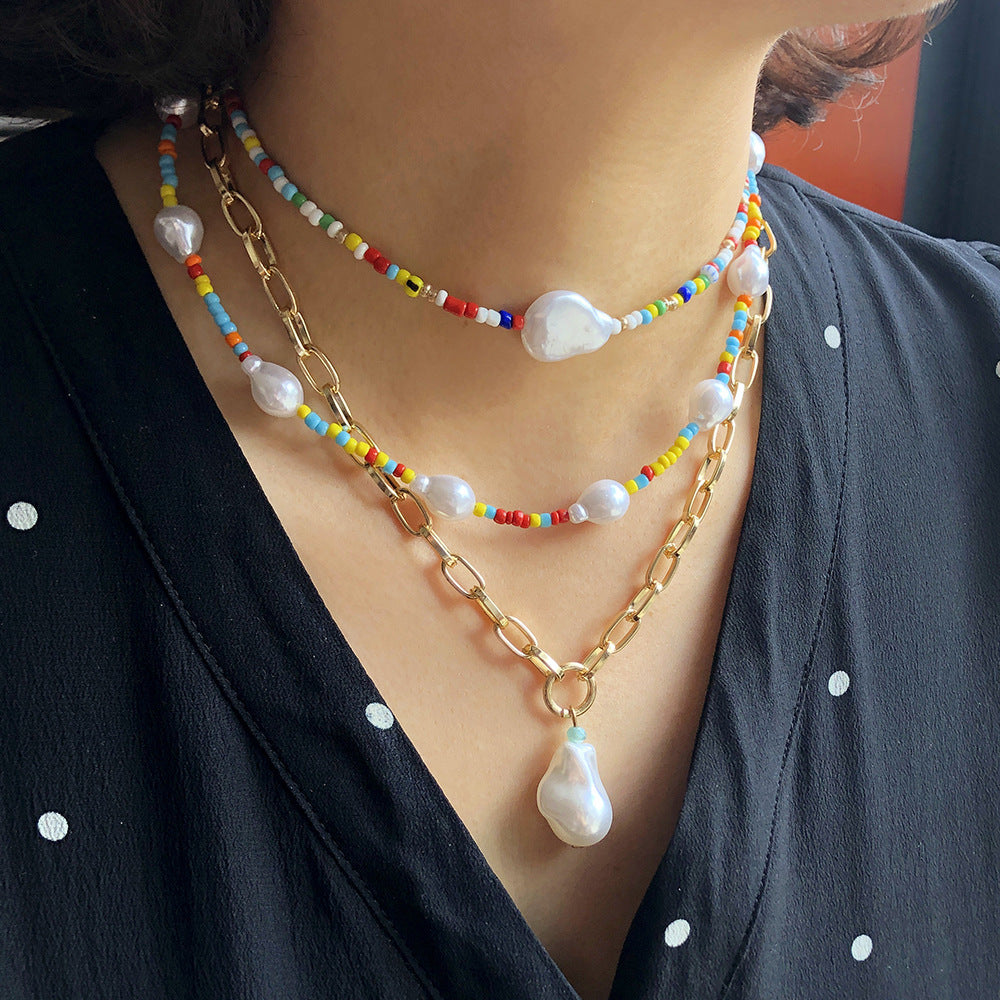 New Summer Multi-layer Fairy Style Pearl Metal Necklace Women