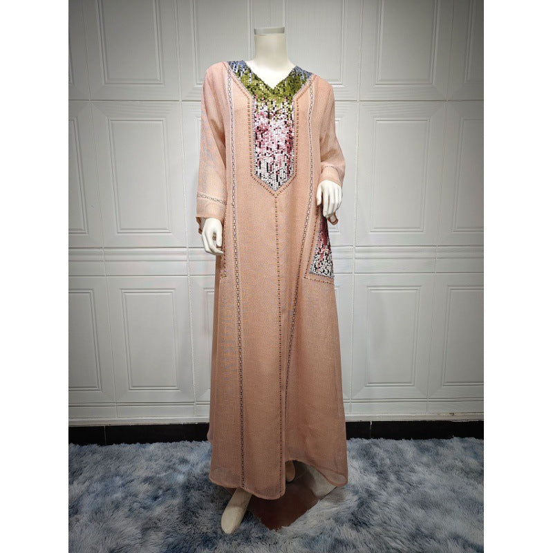 V-neck Sequins Embroidered Women's Clothing Loose Dress