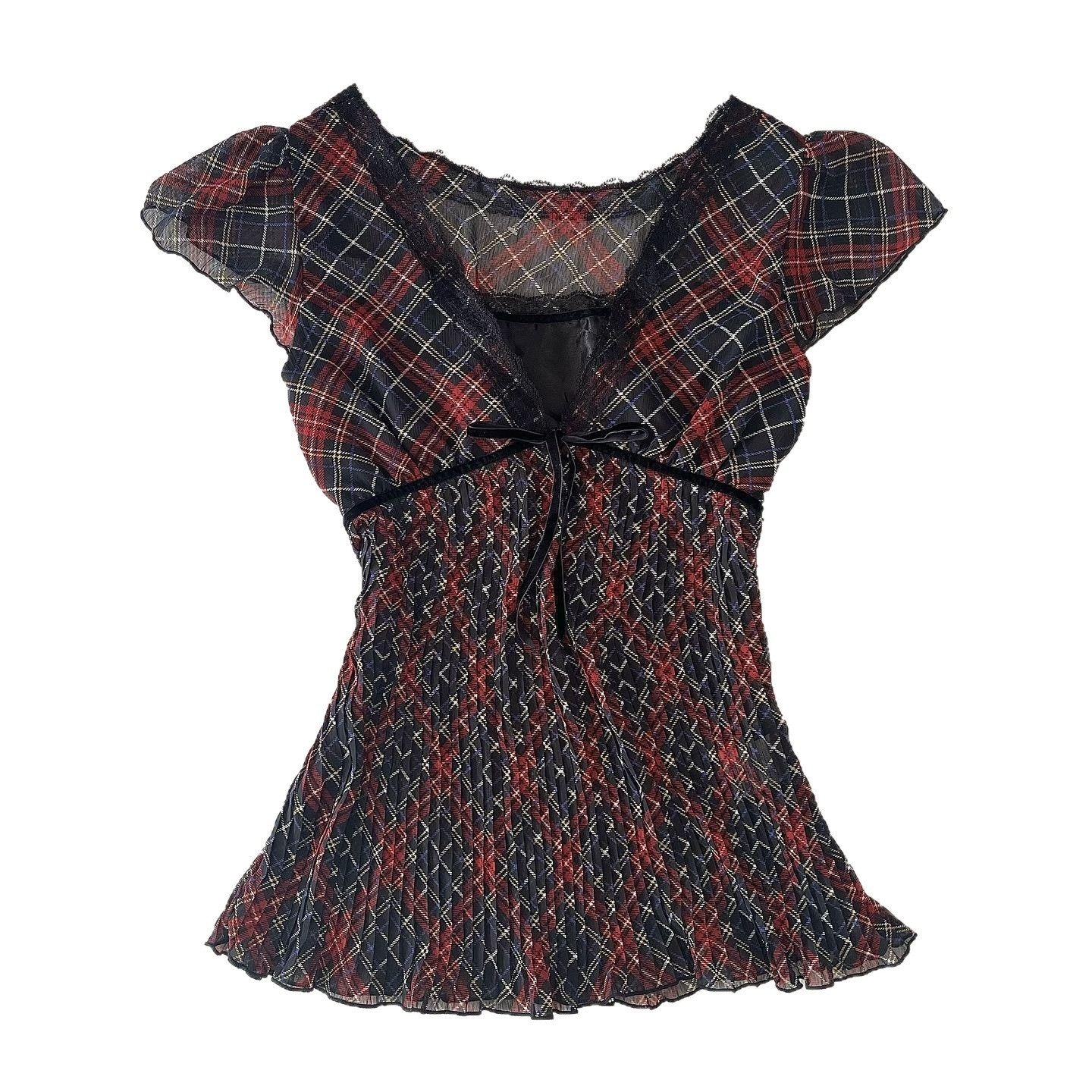 Retro Artistic Style V-neck Plaid Slightly Transparent Slimming T-shirt