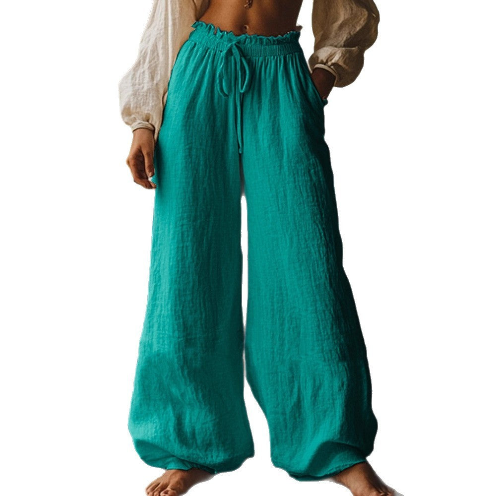 Fashion Casual Loose Artistic Pocket Drawstring Elastic Waist Wide Leg Pants