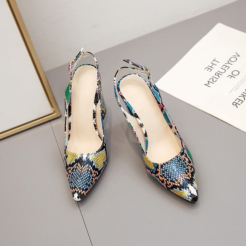 Color Snake Print Thick Heel Pointed High Heeled Shoes Women