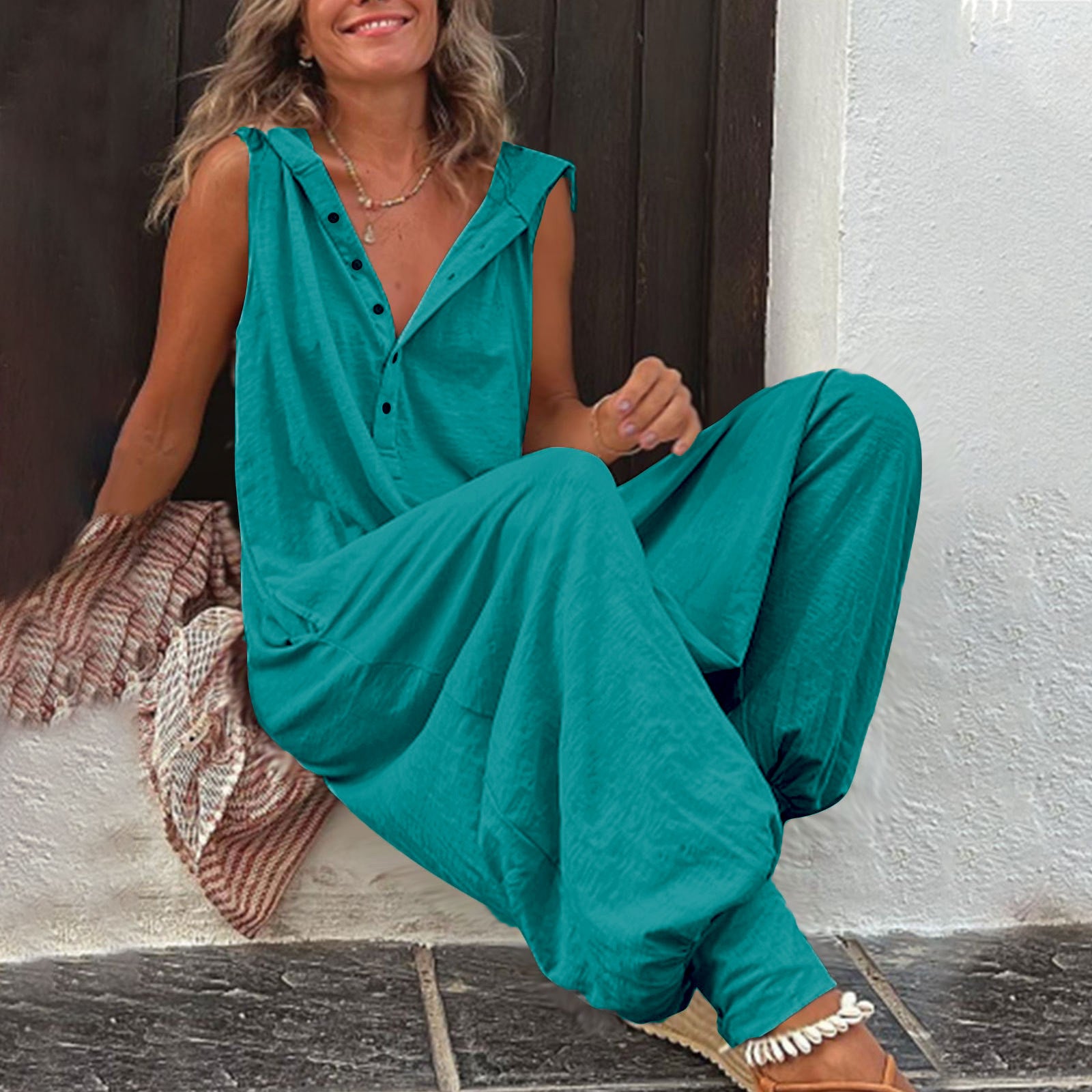 New Button Hooded Sleeveless Jumpsuit