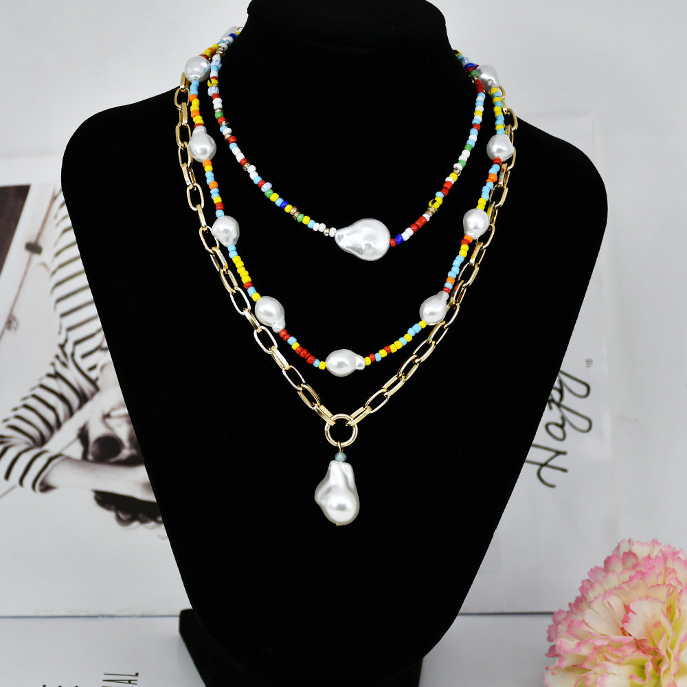 New Summer Multi-layer Fairy Style Pearl Metal Necklace Women