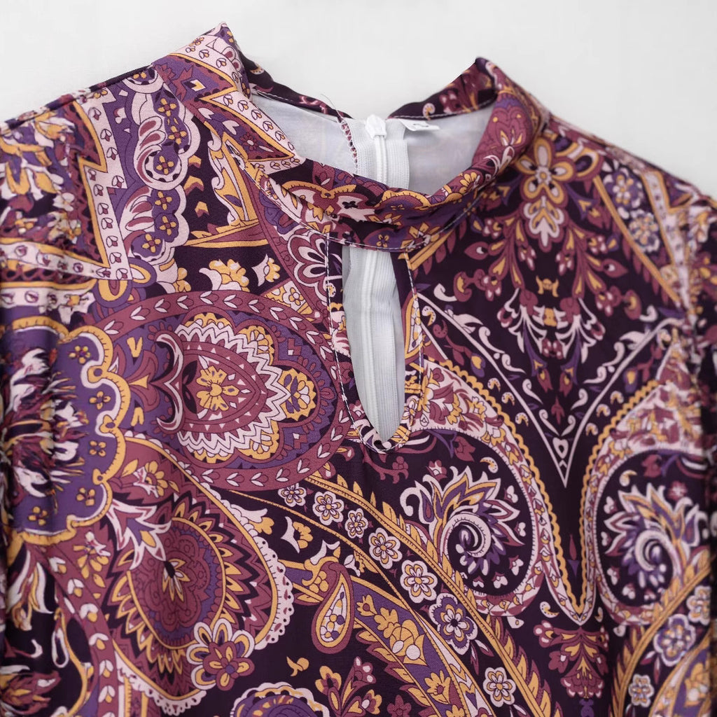 Women's Clothing Stitching Printing Pullover Stand Collar Long Dress