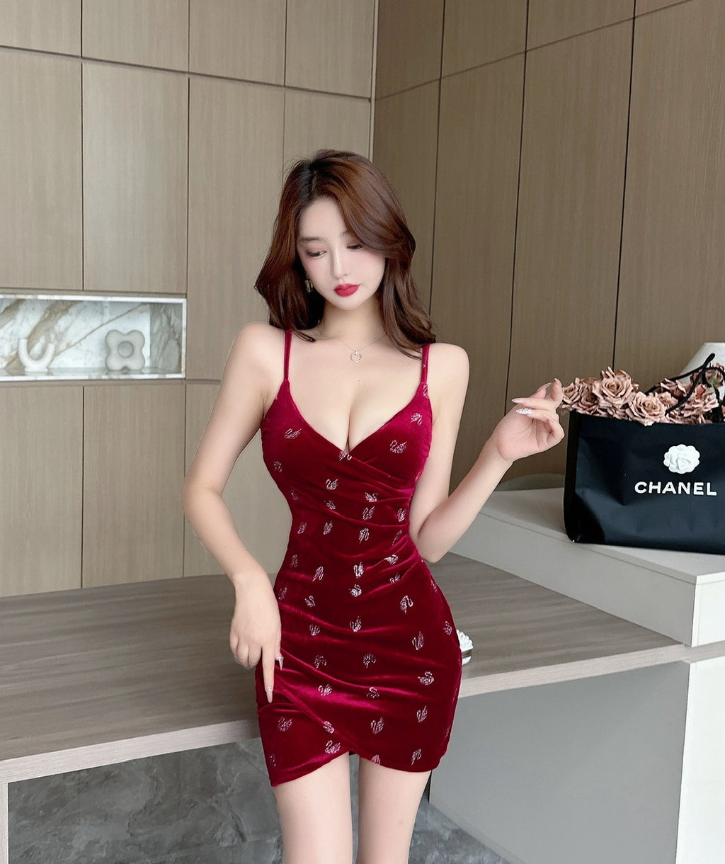 Women's Fashion Suspenders Cross Gold Velvet Printed Short Hip-hugger Base Strap Dress