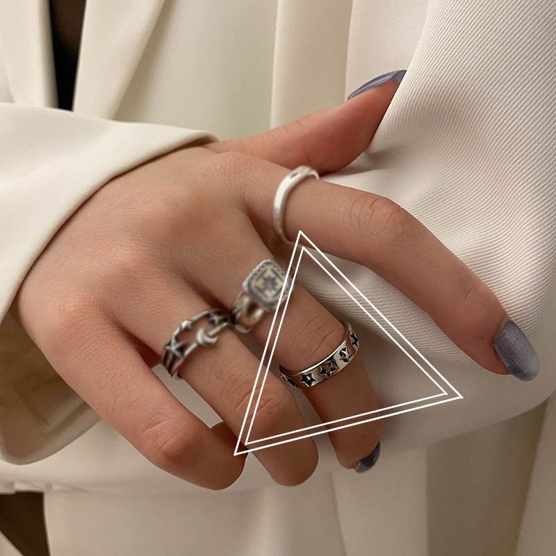 Frigid Wind Star Moon Retro Old Ring Women