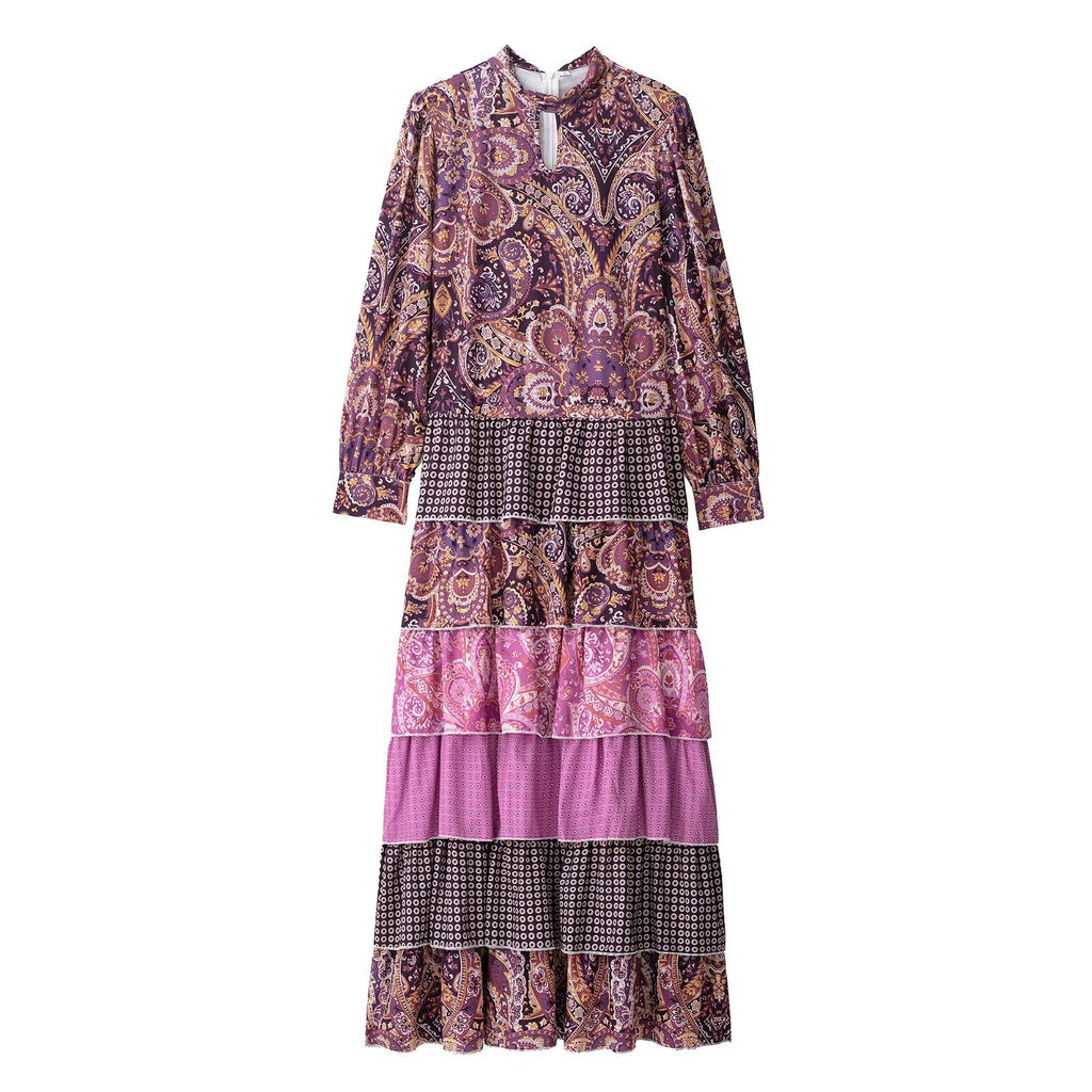 Women's Clothing Stitching Printing Pullover Stand Collar Long Dress