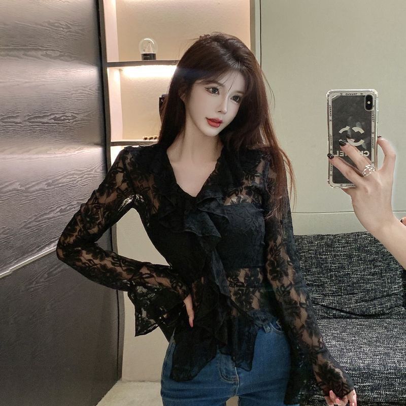 V-neck Flounce Hollow-out Lace Shirt Women's Flared Long-sleeved T-shirt