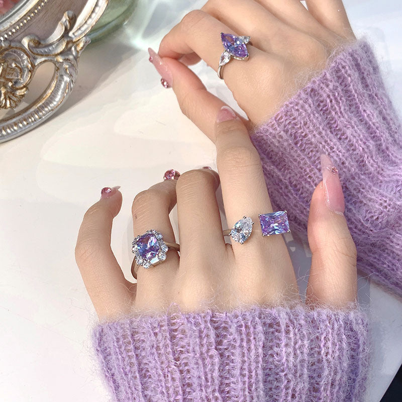 Cold Style Romantic Gentle Purple Shining Diamond Zircon Ring For Women