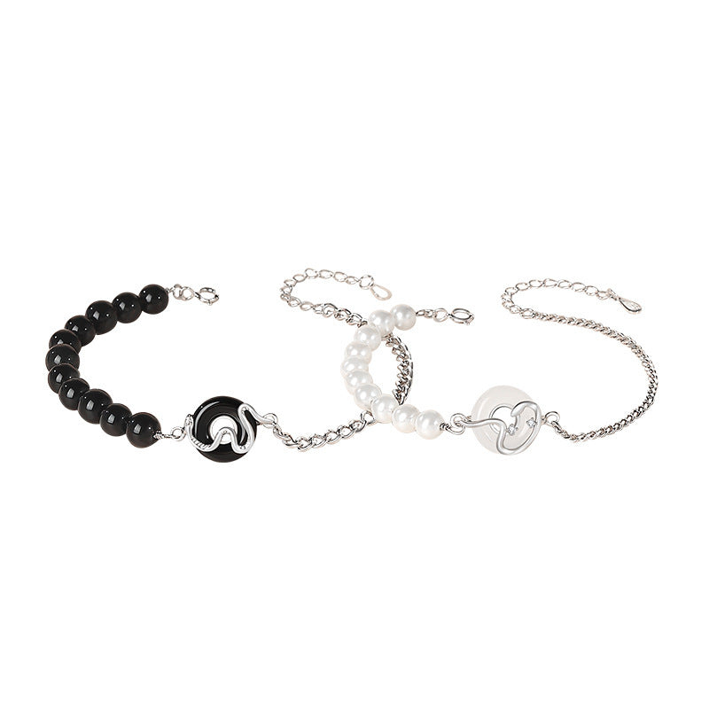 925 Sterling Silver New Chinese Obsidian Pearl Bracelet Safe Buckle Love Old Bracelet