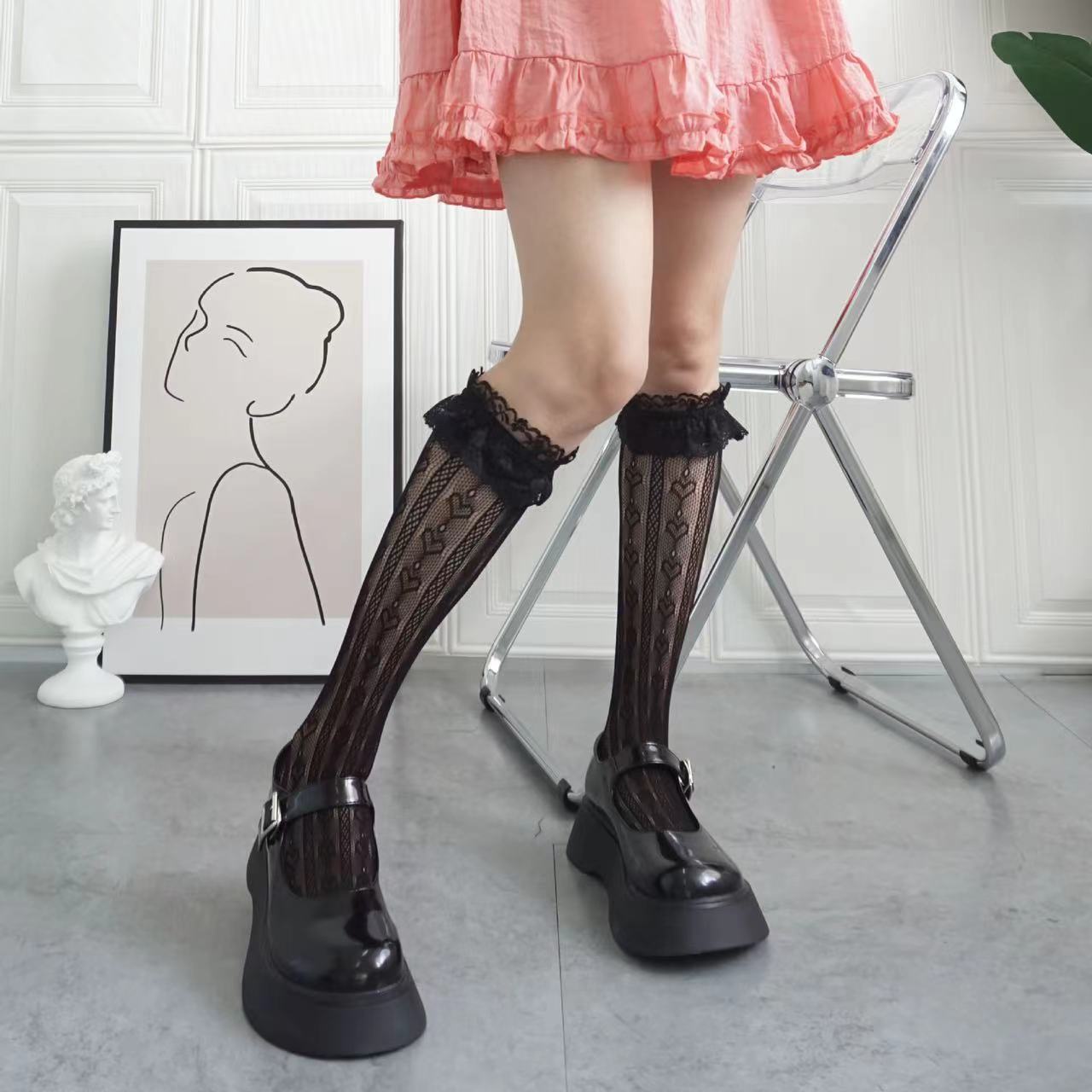 Fashion Women Thin Hollow Love Calf Socks