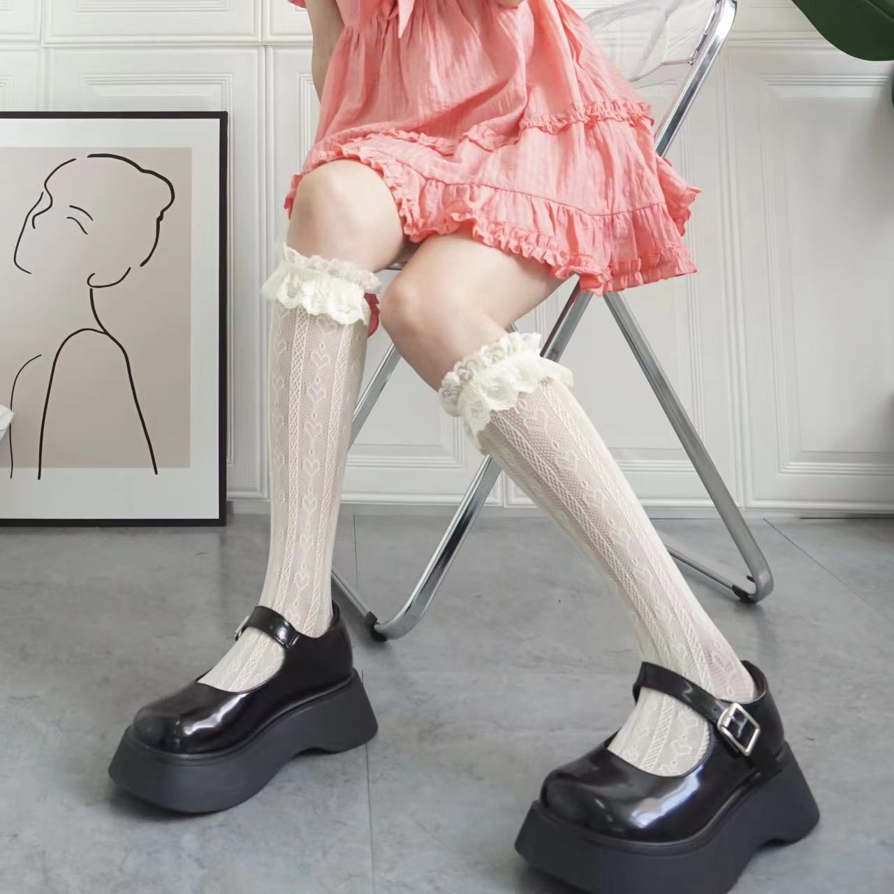 Fashion Women Thin Hollow Love Calf Socks