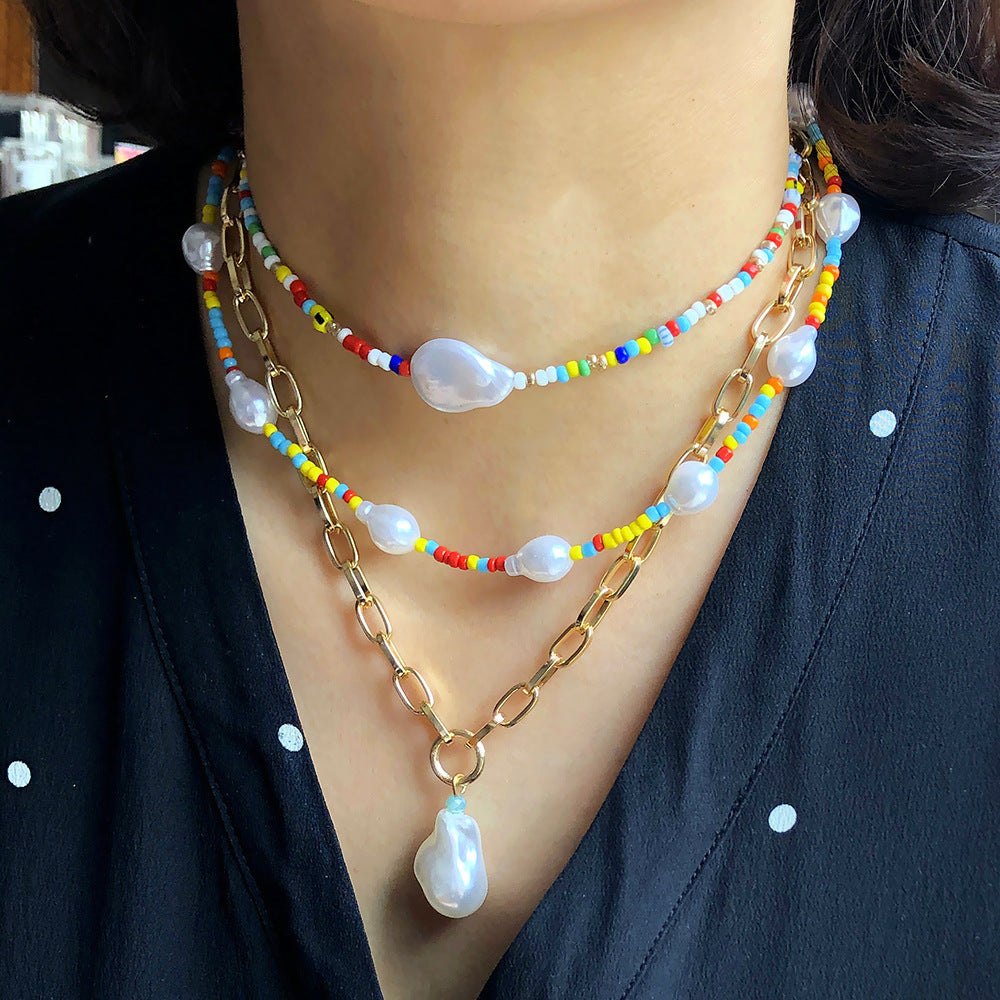 New Summer Multi-layer Fairy Style Pearl Metal Necklace Women