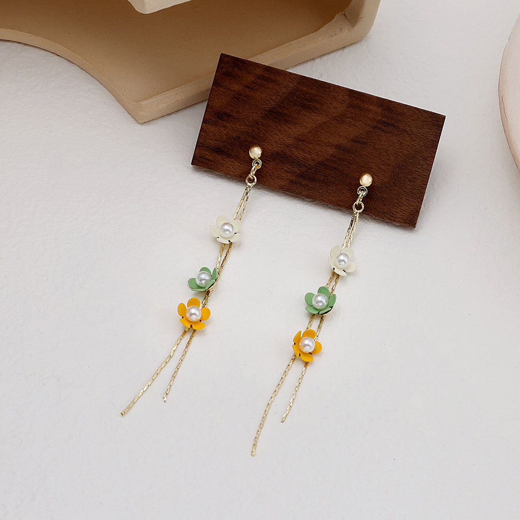 Korean Style Small h Color Pearl Flower Line Earrings Women