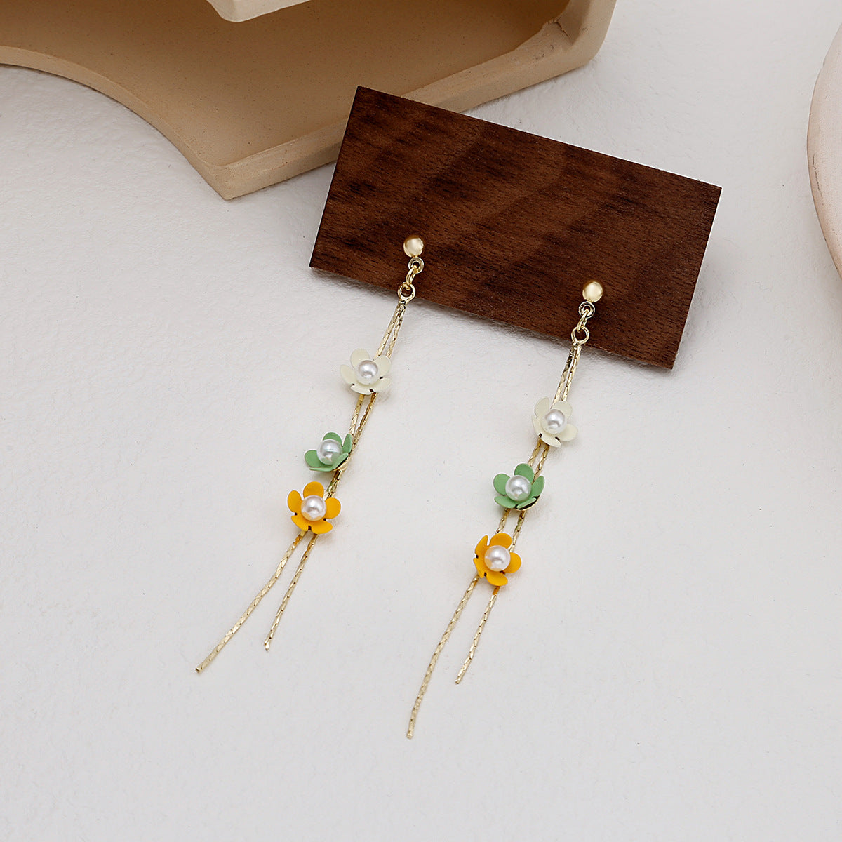 Korean Style Small h Color Pearl Flower Line Earrings Women