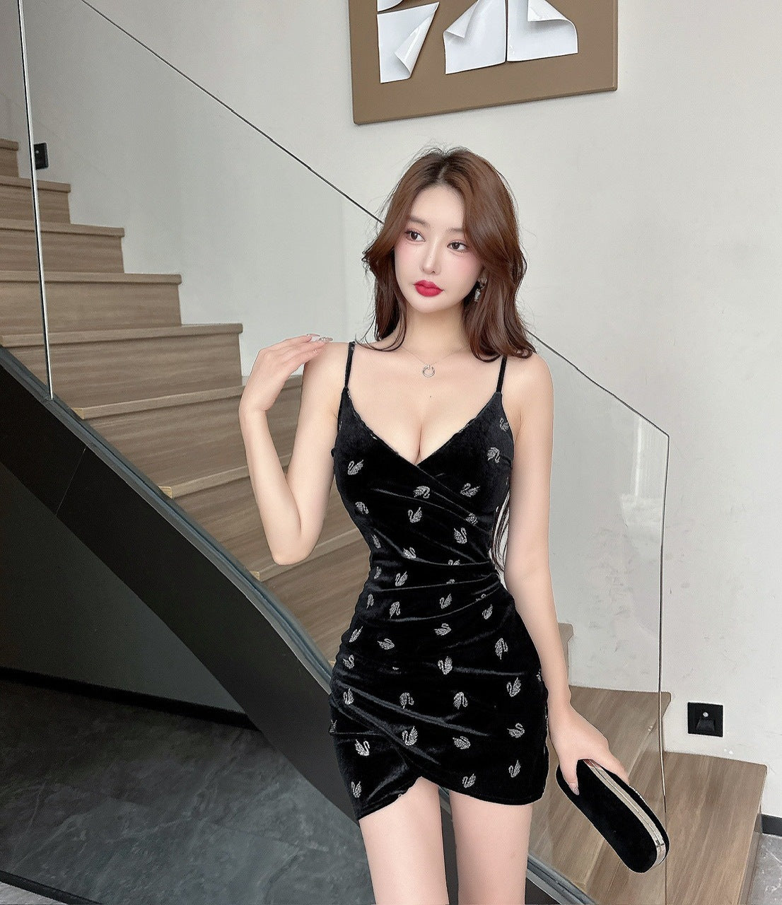 Women's Fashion Suspenders Cross Gold Velvet Printed Short Hip-hugger Base Strap Dress