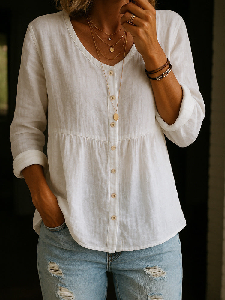 Casual Loose Fashion Cotton And Linen Long Sleeve V-neck Buttons Shirt