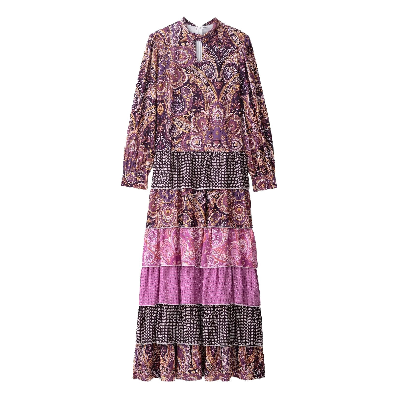 Women's Clothing Stitching Printing Pullover Stand Collar Long Dress