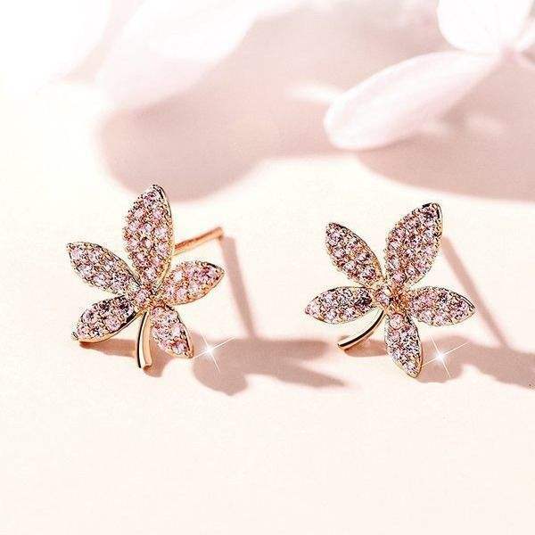 Maple Leaf Diamond Silver Stud Earrings For Women Simple Cold Style