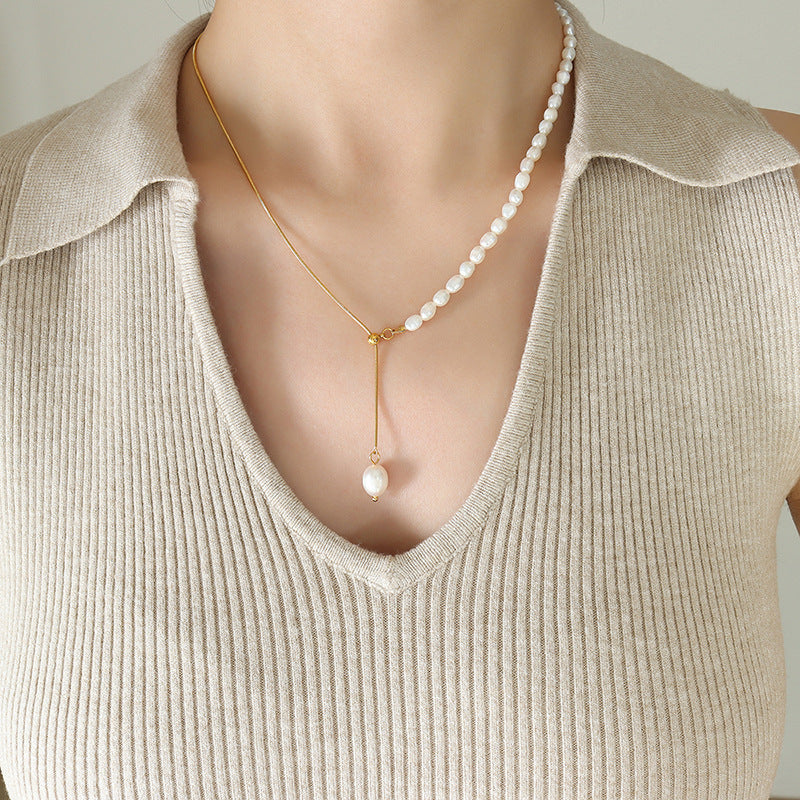 New French Style Freshwater Pearl Adjustable Tassel Pendant Necklace For Women
