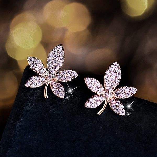 Maple Leaf Diamond Silver Stud Earrings For Women Simple Cold Style