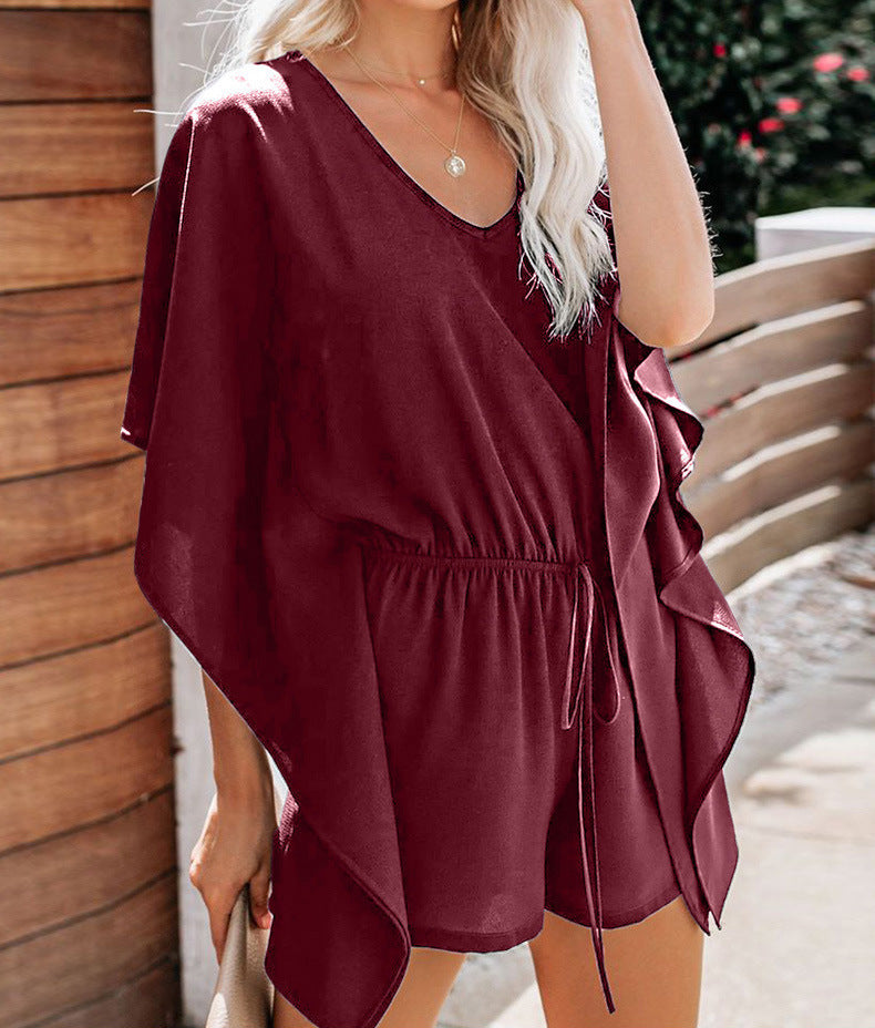 V-neck High-waisted Sash Loose Casual Pants