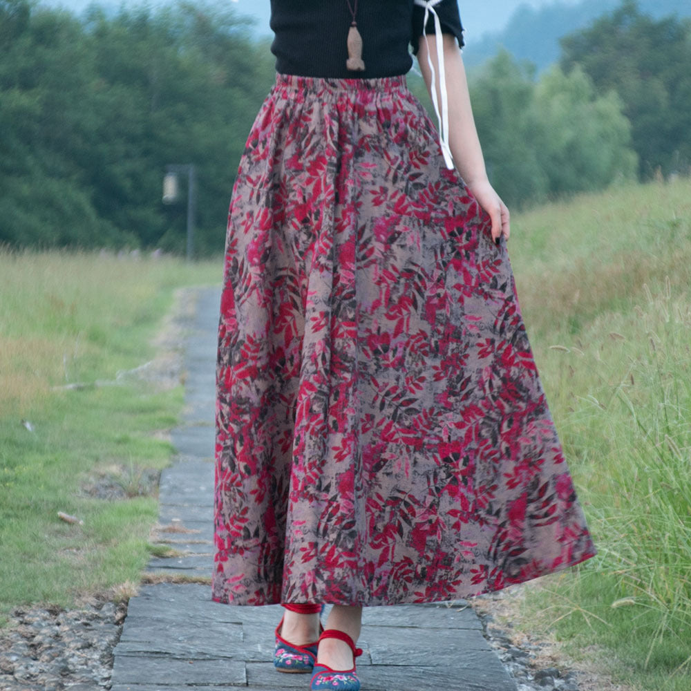 Women's Ethnic Style Cotton And Linen Half-length Elastic Waist Large Swing Skirt A- Line Skirt