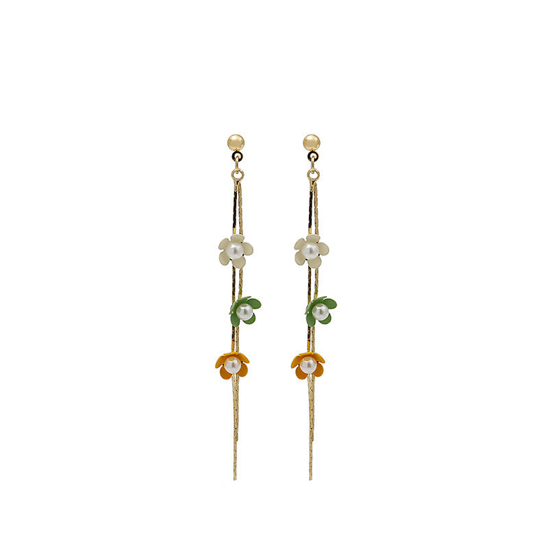 Korean Style Small h Color Pearl Flower Line Earrings Women