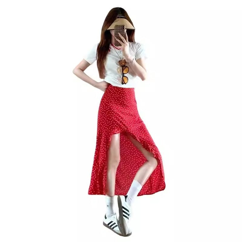 Girl Floral Sheath High Slit Long Skirt