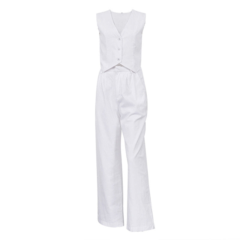 Women's Solid Color V-Neck Vest Two-Piece Set Button Front Vest Top With Pocket Pants For Spring & Summer Casual Outfit