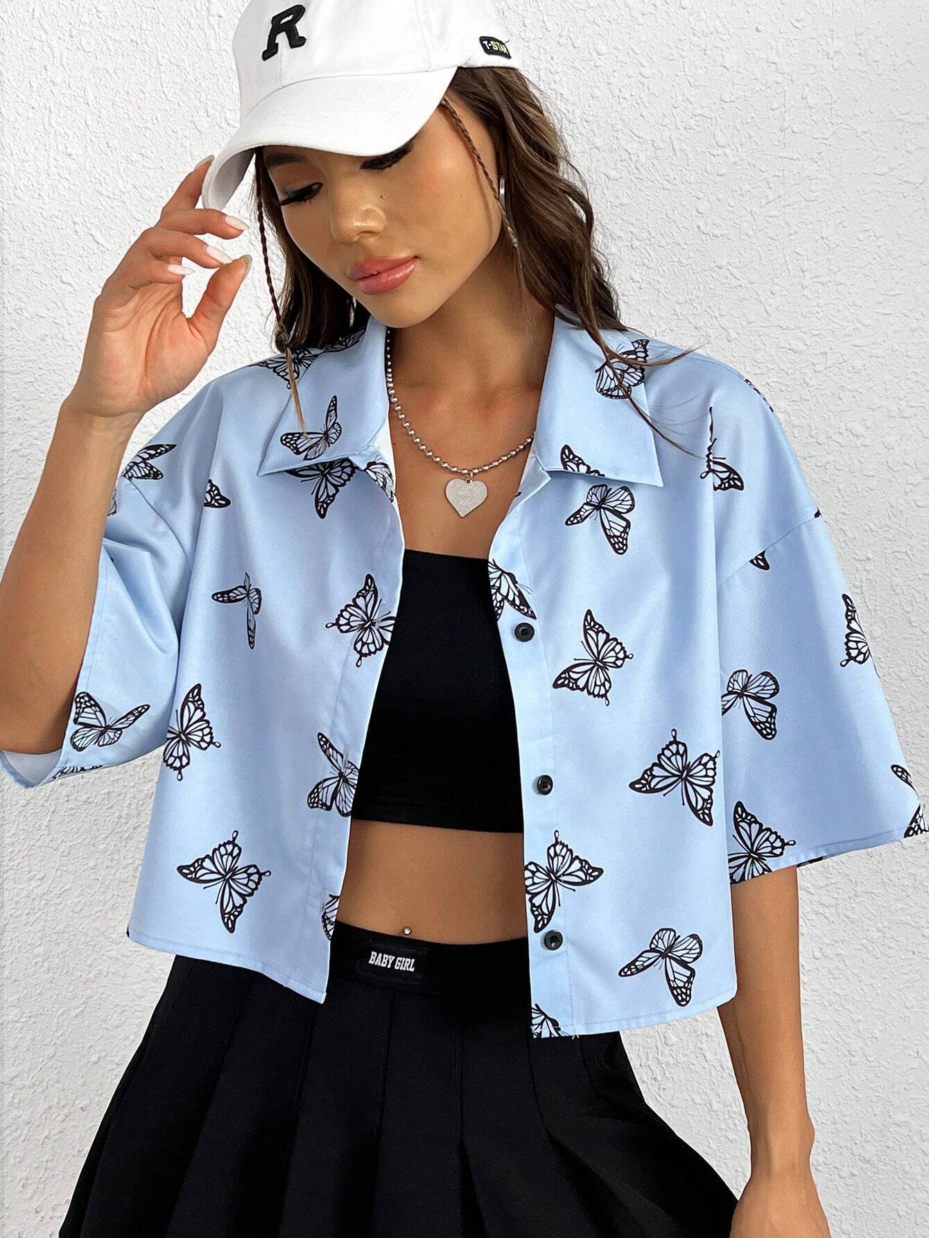 Fashion Butterfly Print Shirt Women's Clothing