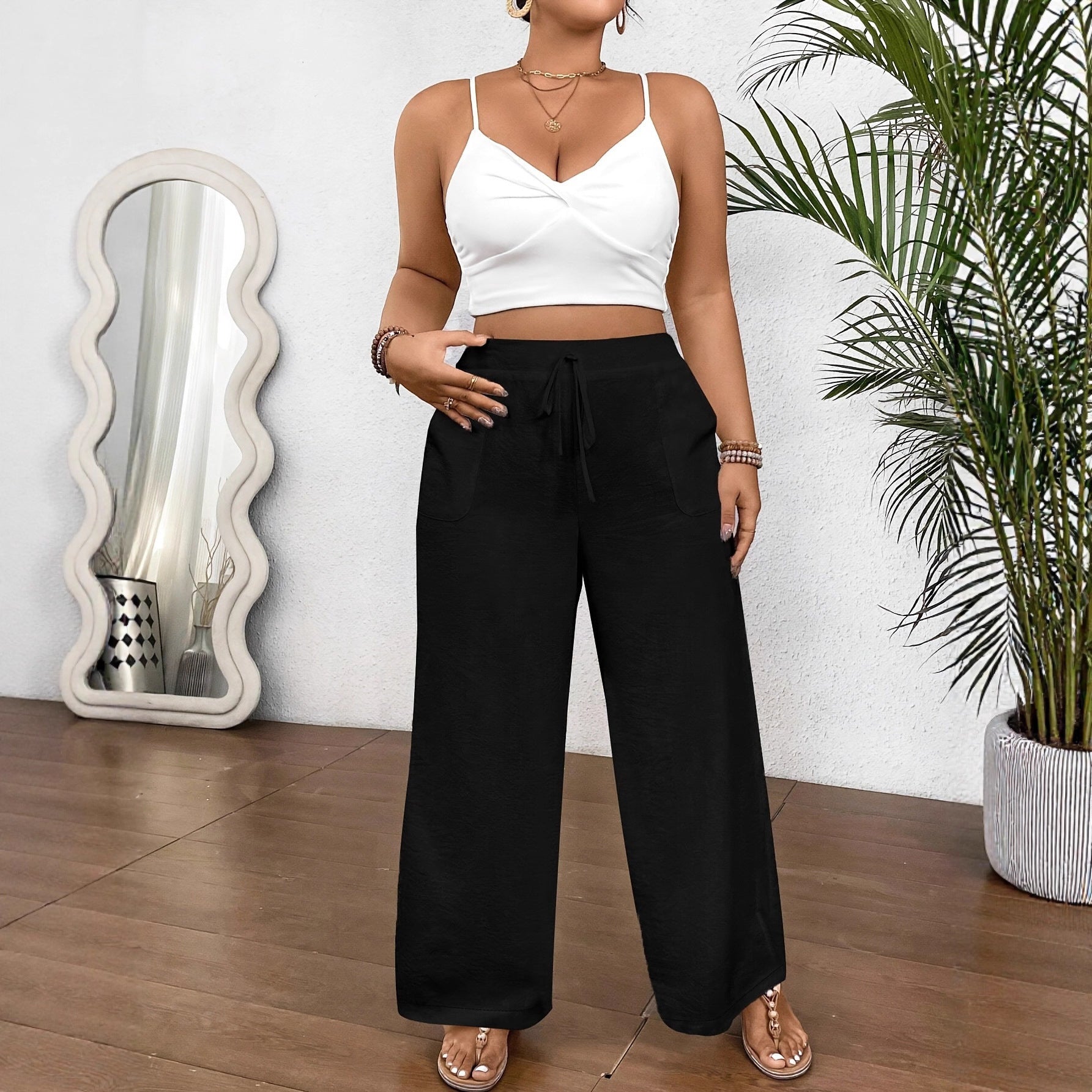Drawstring Wide Leg Pocket Trousers Loose Women