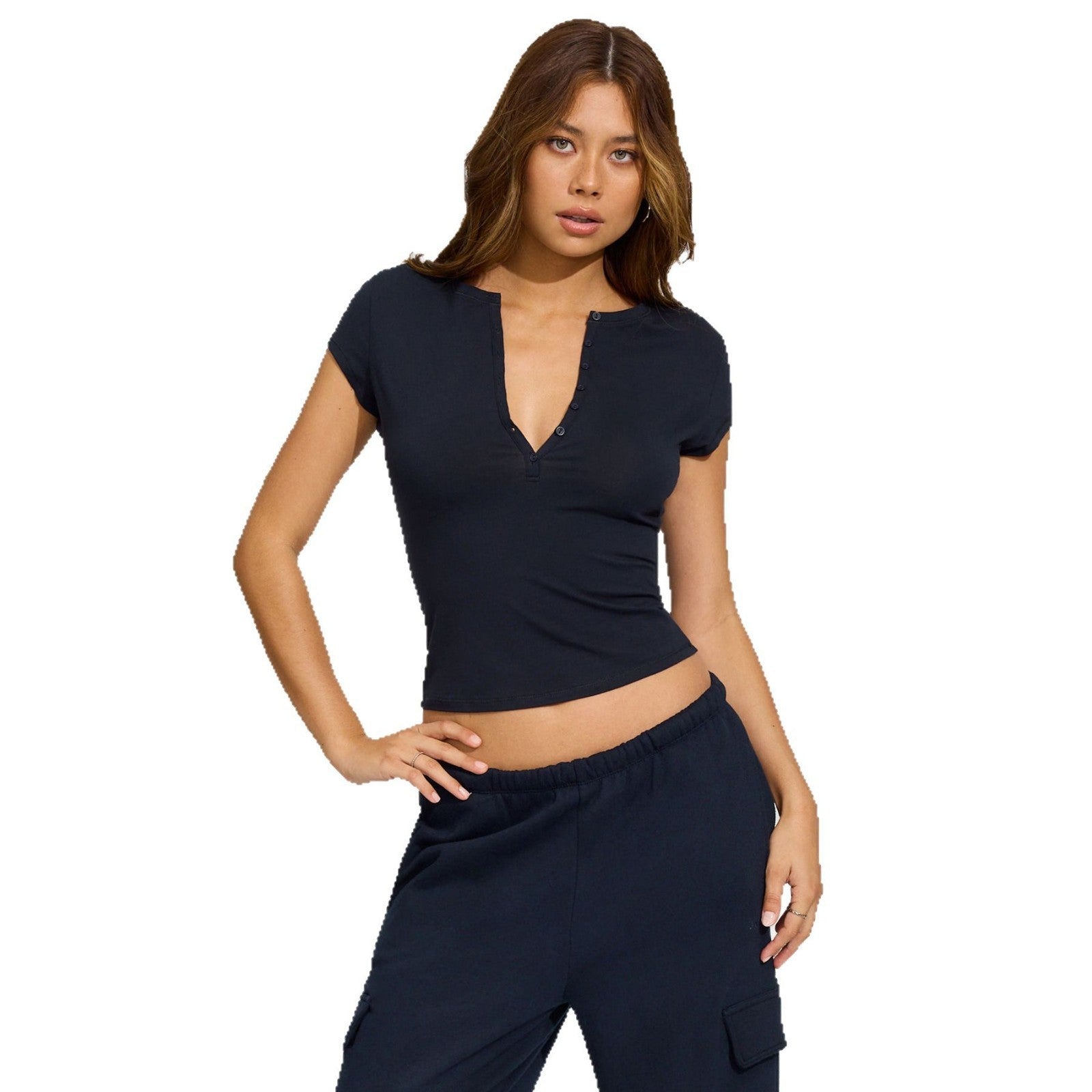 Solid Color Slim-fit Deep V Button Versatile Top