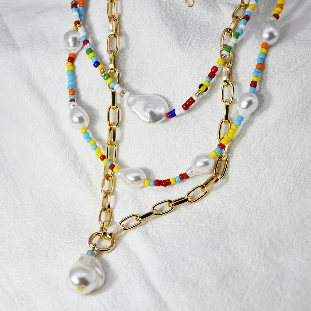 New Summer Multi-layer Fairy Style Pearl Metal Necklace Women